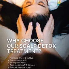 This image captures the relaxing and therapeutic nature of a scalp detox. The treatment not only provides visible benefits like reduced dandruff and boosted growth but also soothes a sensitive scalp, leaving you feeling refreshed and balanced.