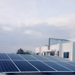 A newly completed project in Yelahanka, with the solar panels reflecting the evening sky. We focus on clean lines and a professional finish for every residential installation.
