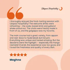 Thank you to Meghna for this glowing review of her food tasting session. She enjoyed the refreshing welcome drinks, live chaat counter, the variety of the main course, and especially our unique mango rasmalai.