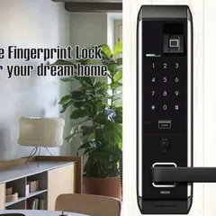 Here is a look at how our sleek, modern fingerprint lock can elevate your home's entrance. This digital lock with a handle combines high-end security with a sophisticated design, fitting perfectly into the aesthetic of a contemporary dream home.