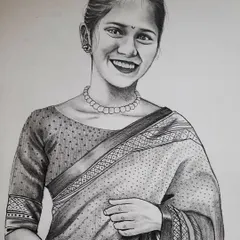A smiling portrait done on A3 paper. The challenge here was to capture a genuine, happy expression, paying close attention to the eyes and the details of the saree.