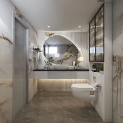A serene oasis created with a soothing palette of cream and brown marble tiles. The floating vanity with under-lighting and the large, uniquely shaped mirror are the highlights of this space.