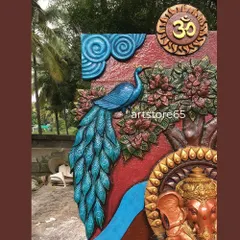 Every element in our murals is carefully considered. This section of a larger Ganesha piece features a beautifully sculpted peacock and a sacred Om symbol, all hand-painted to complement the main sculpture and add to the story.