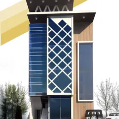 A design proposal for a narrow-front commercial building. The facade uses a combination of glass, wood paneling, and a decorative geometric screen to create a strong vertical presence and a modern aesthetic.