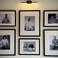 My wall of Gurus at home. This is my source of daily inspiration, featuring portraits of the legends whose music I strive to honor, including my Guruji, Ustad Allarakha Khan Sahab, and others.