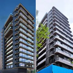 A direct comparison between the 3D render and the final constructed reality of a luxury residential building on Juhu 3rd Road, Mumbai. This demonstrates our commitment to executing the design vision with precision, from the curved balconies to the facade materials.
