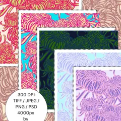 This shows the 'Petal Pop' chrysanthemum design in several different colour variations. I provide high-resolution digital files, making it easy to adapt the pattern to your specific project needs.