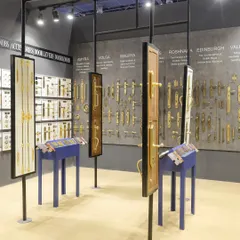 An overview of my exhibition space, featuring various collections displayed on freestanding panels. This setup allows designers and architects to easily compare different styles and visualize how my hardware can be integrated into their projects.