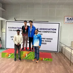 Our shooter Thushhar T R on the podium after securing double gold medals at the Karnataka State Shooting Championship in the 25m Sports Pistol event.