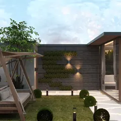 A 3D concept for a Vikaspuri project, showing a relaxing area with a large garden swing (jhula) and lush greenery.