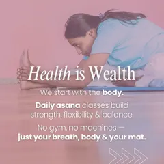 Health is wealth. Our daily asana classes build strength, flexibility, and balance using just your breath, your body, and your mat. Here, a student is in Janu Sirsasana (Head-to-Knee Pose).