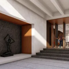 Visualizing the entrance foyer for the villa project. The design uses a combination of granite steps, wood paneling, and a striking sculpture to make a powerful first impression.