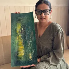 With a vibrant green and yellow piece from the same series. I love how the bright colors interact with the deep, abstract textures in this one.