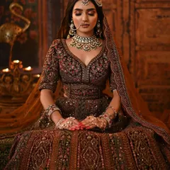 A full view of the seated bride, showcasing the grandeur of the lehenga and the way the makeup creates a cohesive, regal aesthetic in a candlelit setting.