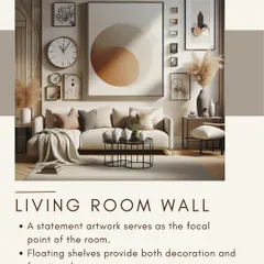 Another example of a well-styled living room wall. A statement art piece is surrounded by a gallery of smaller works and a clock, creating a dynamic and personal display above the sofa.