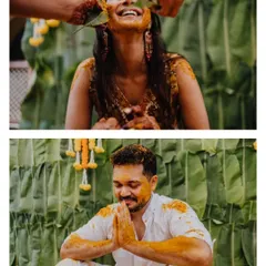 The bride and groom getting lovingly covered in turmeric by their families during Shaurya and Deeksha's Haldi.