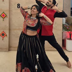 Getting into the Navratri spirit with my partner. We love dressing up in traditional attire and bringing that dramatic, festive energy to the studio.