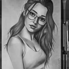 An example of my graphite portrait work on A3 paper. I love drawing with this medium to create dramatic lighting and focus on expression, like in this portrait of a girl with glasses.