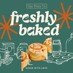 This graphic celebrates our commitment to freshly baked goodness. It features our cream cheese frosted cinnamon rolls alongside illustrations of baking essentials, representing the love and care we put into every order from our cloud kitchen.