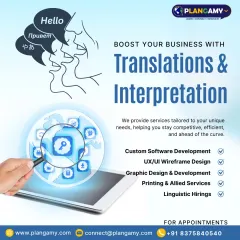 Boost your business with our integrated translation and interpretation services. This graphic illustrates how we help companies stay competitive with tailored linguistic solutions, including document translation and live interpretation for meetings and conferences.