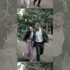 A collage that beautifully captures the couple's playful energy. The main image of them running together is complemented by softer, romantic close-ups, telling a complete story.