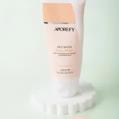 A close-up texture shot of a rice water face wash, showing its smooth, creamy consistency. Texture shots are essential for helping customers understand how a product feels.
