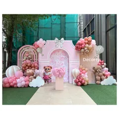 The main backdrop for a chic Ralph Lauren inspired girly theme. It features pink architectural elements, hot air balloons, stylish teddy bears, and a beautiful floral pattern.