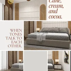 Cane, cream, and cocoa. This bedroom showcases how I layer tones and textures to create a conversation between elements. The cane headboard panels and fluted wall details add warmth and character to this restful space.