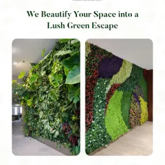 I beautify your space by turning it into a lush green escape. This image shows two examples of my artificial vertical wall designs, one with a natural, leafy look and another with a colorful, artistic pattern.