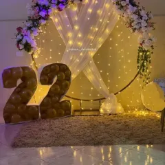 A simple yet beautiful backdrop for a 22nd birthday. The setup features a large ring frame decorated with fairy lights, sheer white drapes, and floral arrangements.