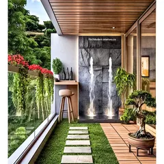 A closer look at the dual-fountain design. This image highlights the beautiful bonsai tree and hanging planters that complement the water feature, creating a balanced and zen-like atmosphere.