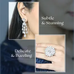 Delicate and dazzling diamond pieces. This graphic showcases a pair of cascading chandelier earrings and a large floral cocktail ring. These are perfect for adding subtle, stunning sparkle to an evening gown.