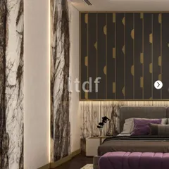 A different perspective of the modern bedroom, highlighting the dramatic, book-matched marble panels that flank the bed. The verticality of the stone is balanced by the horizontal lines of the headboard and wallpaper, creating a dynamic yet harmonious composition.