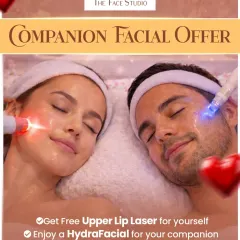 This companion facial offer is designed for you to share the experience with a loved one. It includes a Dermalight Facial for you and a discount for your companion, plus a complimentary upper lip laser service.