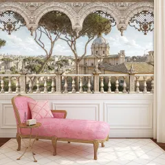 This wallpaper creates a stunning illusion of a balcony view, looking out over a classic European city. It adds depth and a sense of grandeur to the room.