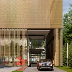The drop off area for the Hyderabad mixed use building. The design uses a restrained palette and clean lines, but the layering of screens and textures creates a sense of depth and refinement.