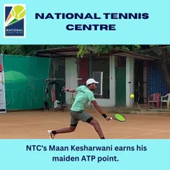 A breakthrough moment for our player Maan Kesharwani. This graphic celebrates him earning his first maiden ATP point at the M15 tournament in Tehran, a critical step in his professional tennis journey.