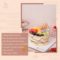 For those who love a fresh and fruity dessert, our fruit cake is the perfect choice. It's a light sponge cake topped with a vibrant assortment of seasonal fruits like kiwi, dragon fruit, strawberries, and grapes.
