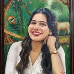 A beautiful portrait with a custom background inspired by Lord Krishna. I incorporated elements like a peacock feather, a flute, and a cow to create a serene, pastoral setting.