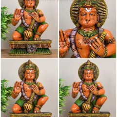 A collage of our hand-painted wooden Lord Hanuman statue, showing the vibrant colors and reverent pose from multiple angles. This smaller idol is perfect for a personal altar.