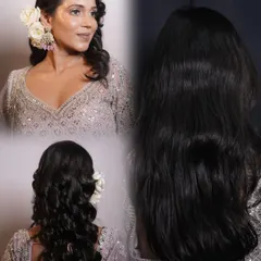 This image shows the complete look, including the beautiful Hollywood wave hairstyle that complements the dewy makeup. It also gives a before view of the hair texture.