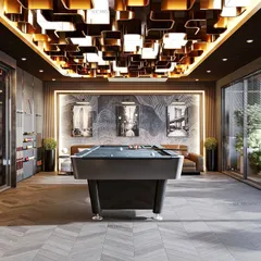 A stunning game room that is a perfect blend of sophistication and fun. The space is centered around a sleek pool table, with a bold metallic ceiling and comfortable lounge seating for spectators.