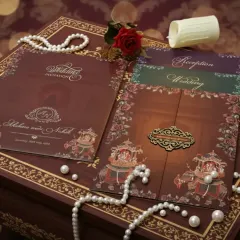 This invitation suite captures the essence of tradition with a beautiful doli illustration. The rich maroon and brown color scheme, paired with gold foil lettering and a decorative clasp, creates a feeling of timeless elegance for this wedding card set.