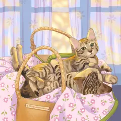 A playful moment captured in this digital pet portrait. I imagined these two cats, Marshmallow and Mozzarella, lounging in a basket on a sunny morning.