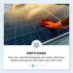 To keep your panels at peak efficiency, we gently clean them with soft cloths and approved methods. This removes stubborn dust and grime without scratching the panel surface, a key step in our solar panel care routine.