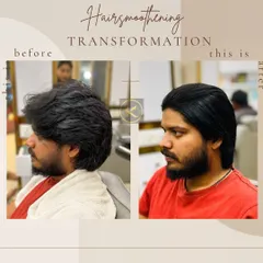 This before-and-after shows the power of a professional hair smoothening treatment. We took this client's hair from thick and unmanageable to sleek, smooth, and stylish, demonstrating a key men's grooming service I offer.