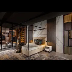 Presenting the QUATTRO bedroom, a complete concept where materials converge. This space features a four-poster bed, wall panelling combining Statuario tiles and veneer, and a glass partition leading to a fully integrated walk-in wardrobe.