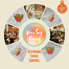 An animated graphic celebrating our Canvas Carousel event, a perfect collaborative art adventure for groups looking to "Never Stop Creating" together.