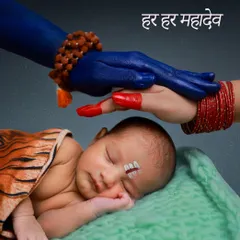 A powerful and unique concept, showing a newborn protected under the divine hands of Mahadev and Parvati. This is a deeply symbolic portrait that becomes a family blessing.