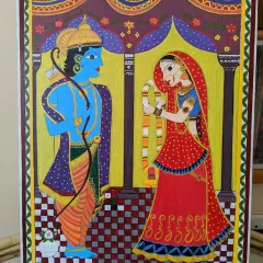 A completed Madhubani painting by my student, Prathima, depicting the divine couple Ram and Sita. This piece was done with acrylics on canvas and is a wonderful example of learning traditional folk art.